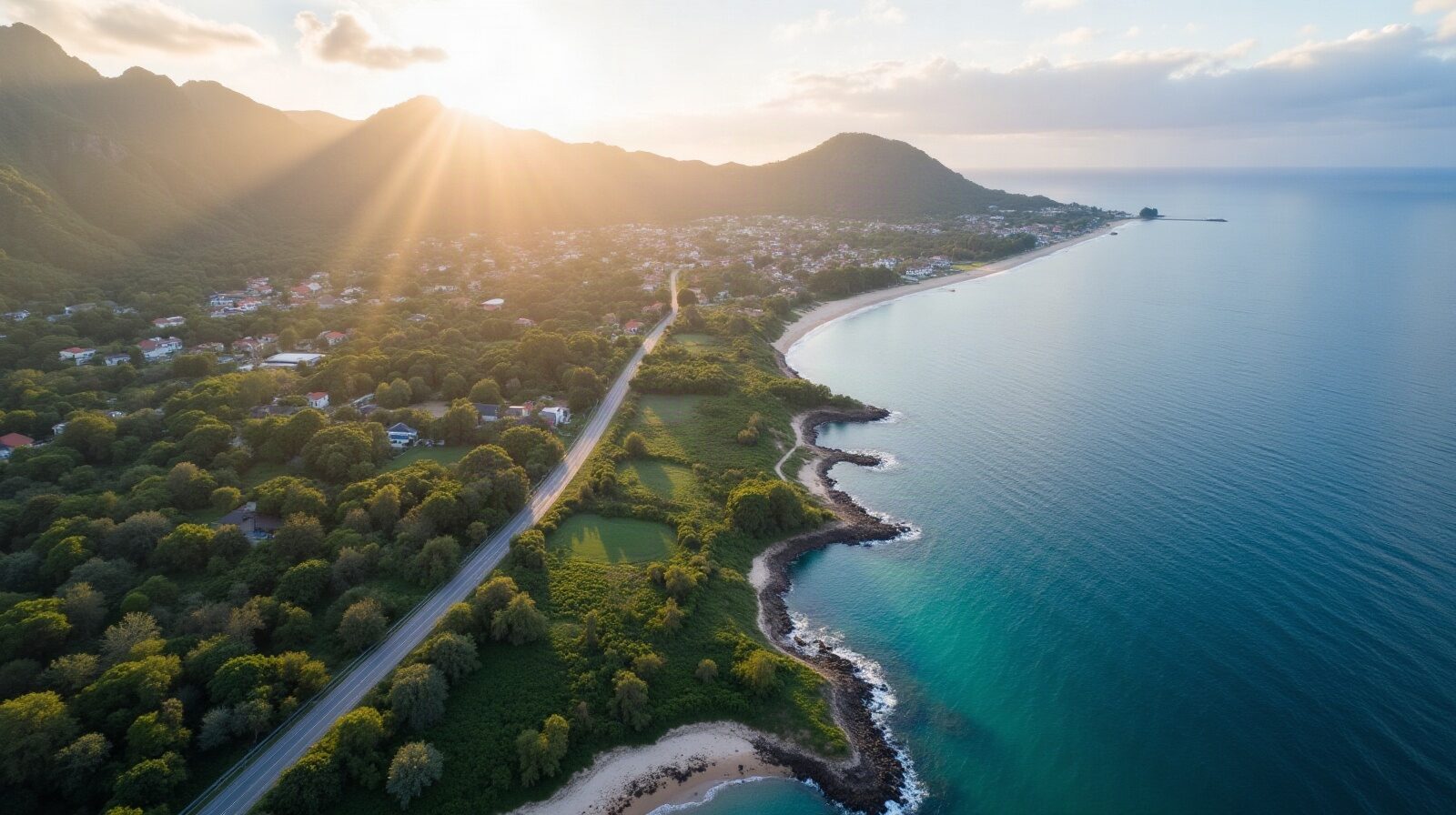 Vue aérienne d'un bourg littoral antillais entre la mer et des mornes boisés