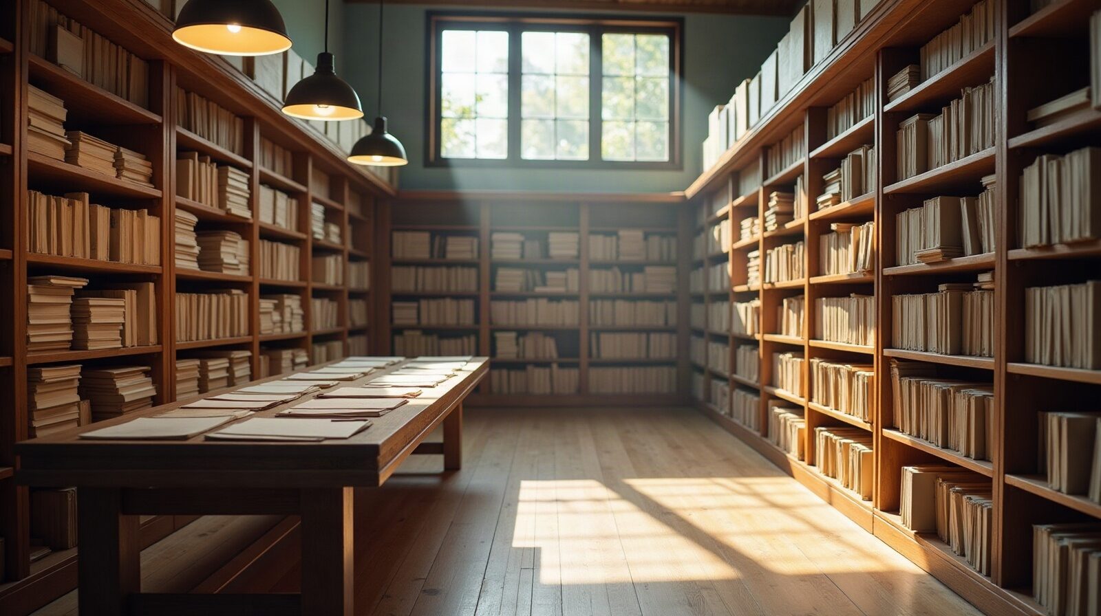 Salle d'archives avec registres reliés, boîtes de carton et plan roulé sur une table